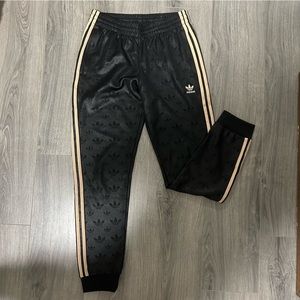 NWOT Adidas Track Pants with Gold Trefoil Pattern, Medium